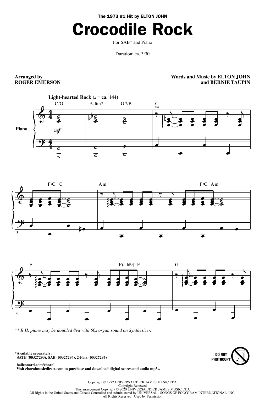 Elton John Crocodile Rock (arr. Roger Emerson) sheet music notes and chords arranged for 2-Part Choir