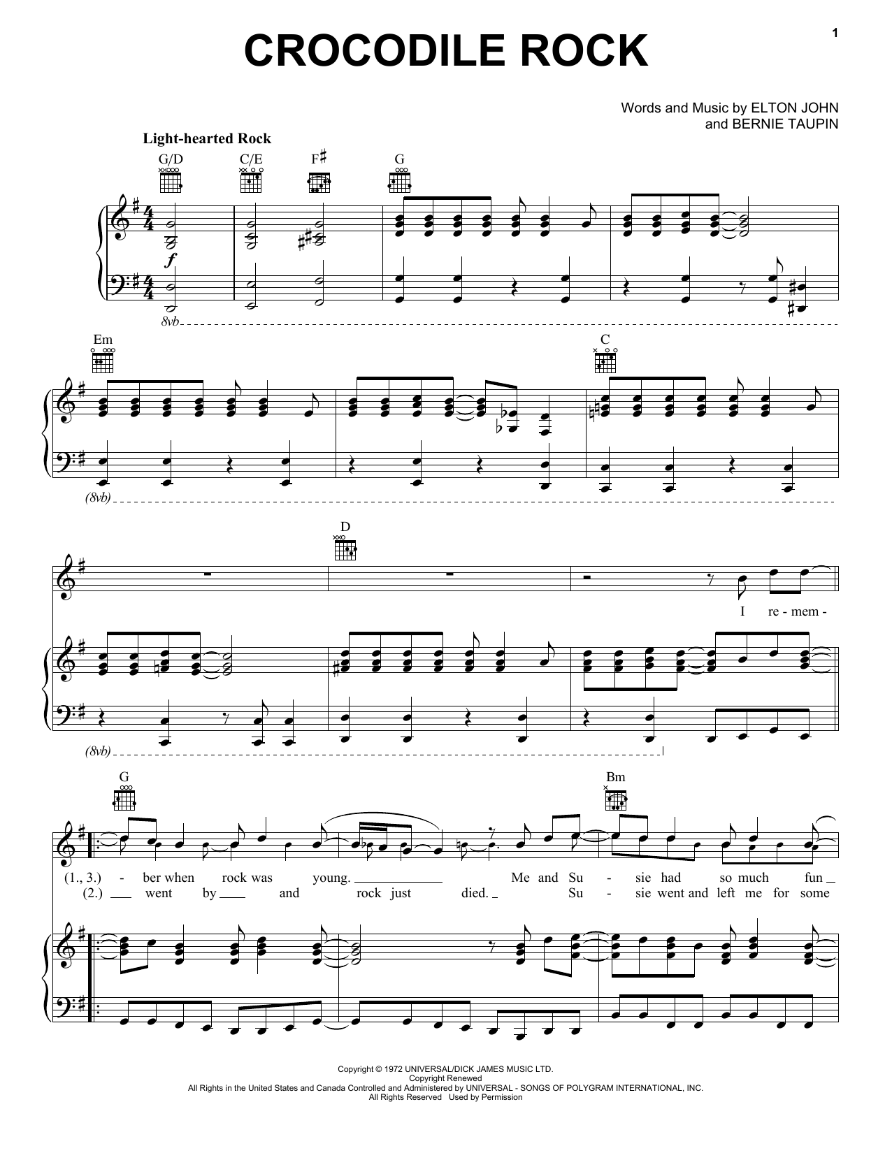 Elton John Crocodile Rock sheet music notes and chords arranged for Easy Piano