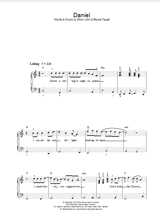 Elton John Daniel (Chorus Only) sheet music notes and chords arranged for Easy Piano