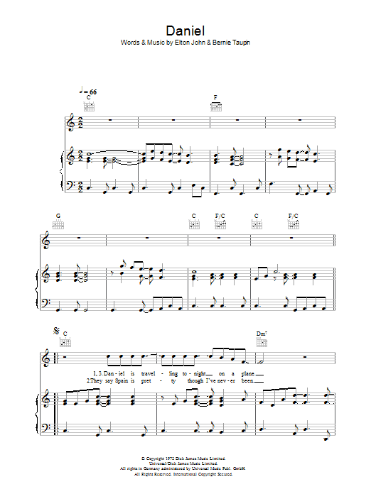 Elton John Daniel sheet music notes and chords arranged for Piano Chords/Lyrics