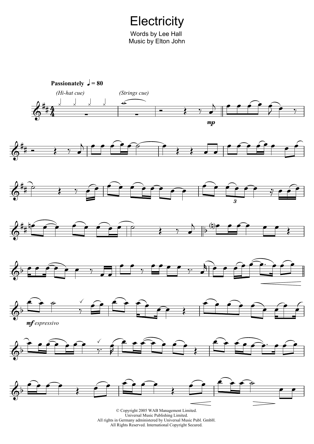 Elton John Electricity (from Billy Elliot: The Musical) sheet music notes and chords arranged for Lead Sheet / Fake Book