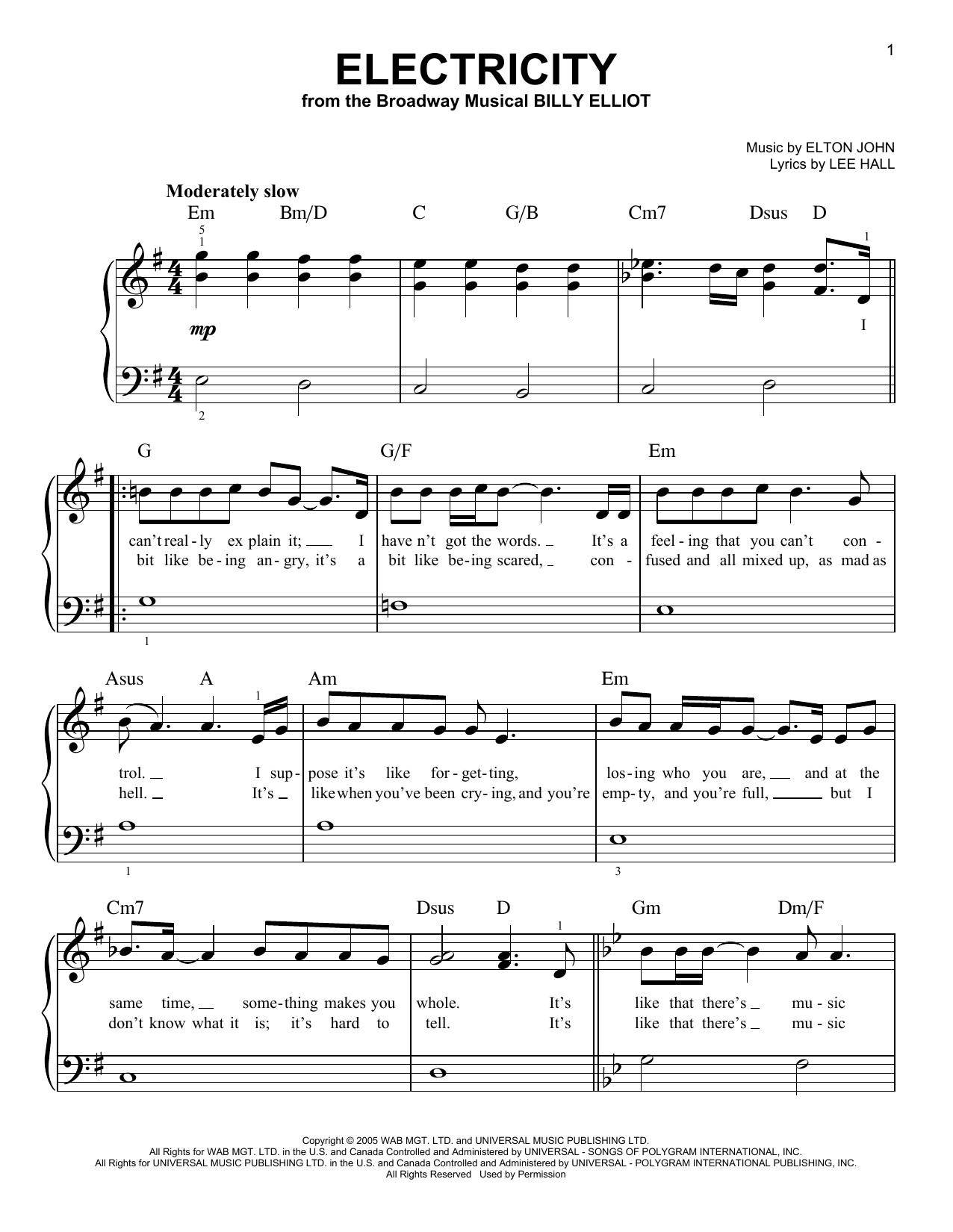 Elton John Electricity (from the musical Billy Elliot) sheet music notes and chords arranged for Very Easy Piano