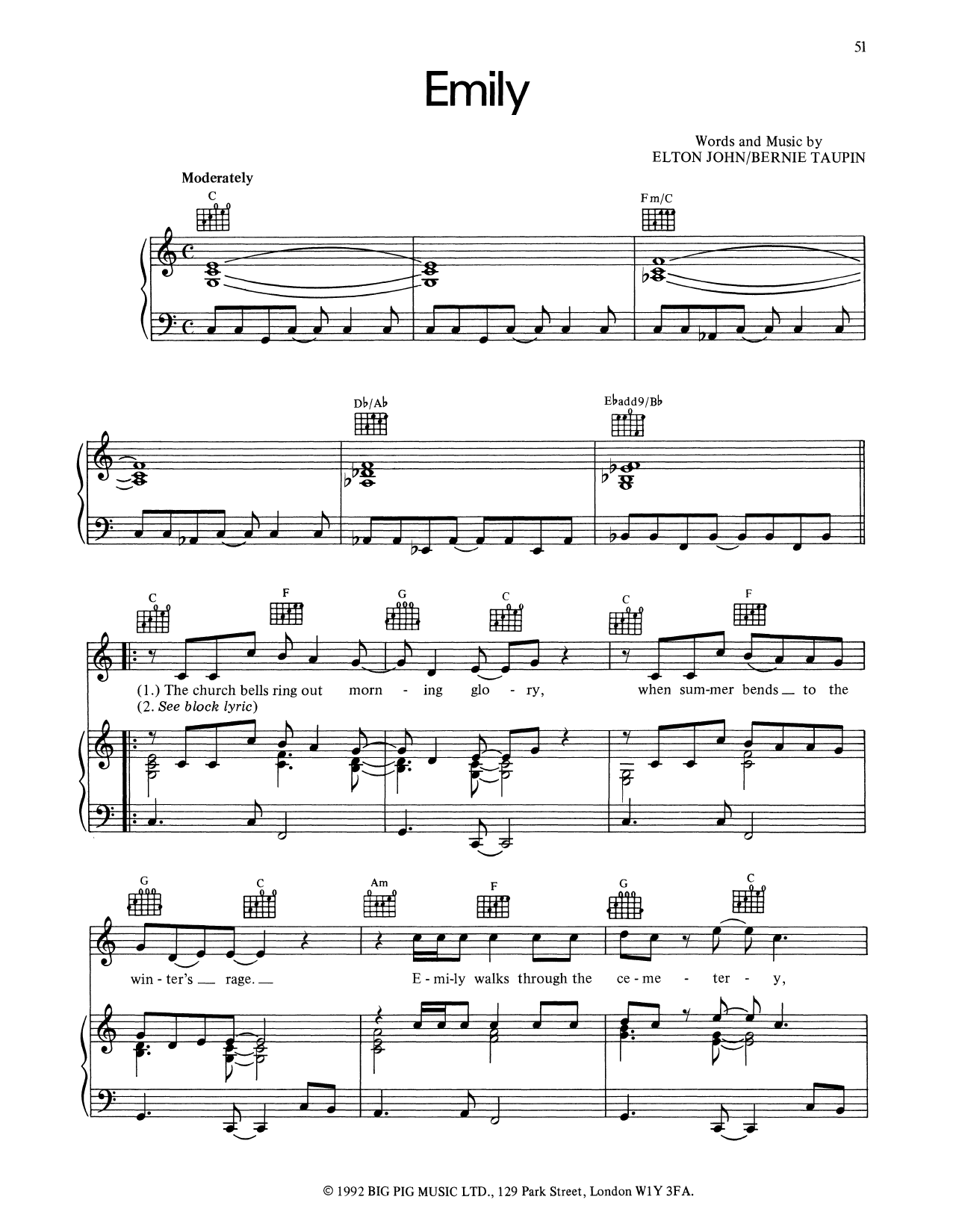Elton John Emily sheet music notes and chords arranged for Piano, Vocal & Guitar Chords (Right-Hand Melody)