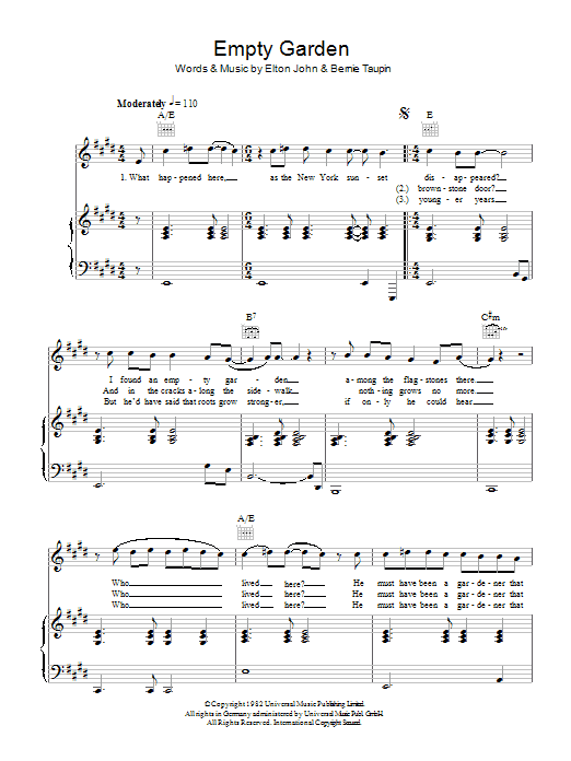 Elton John Empty Garden sheet music notes and chords arranged for Guitar Chords/Lyrics