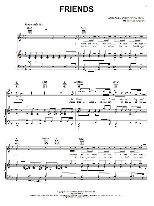 Elton John Friends sheet music notes and chords arranged for Guitar Chords/Lyrics