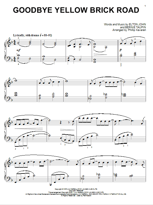 Elton John Goodbye Yellow Brick Road (arr. Phillip Keveren) sheet music notes and chords arranged for Piano Solo