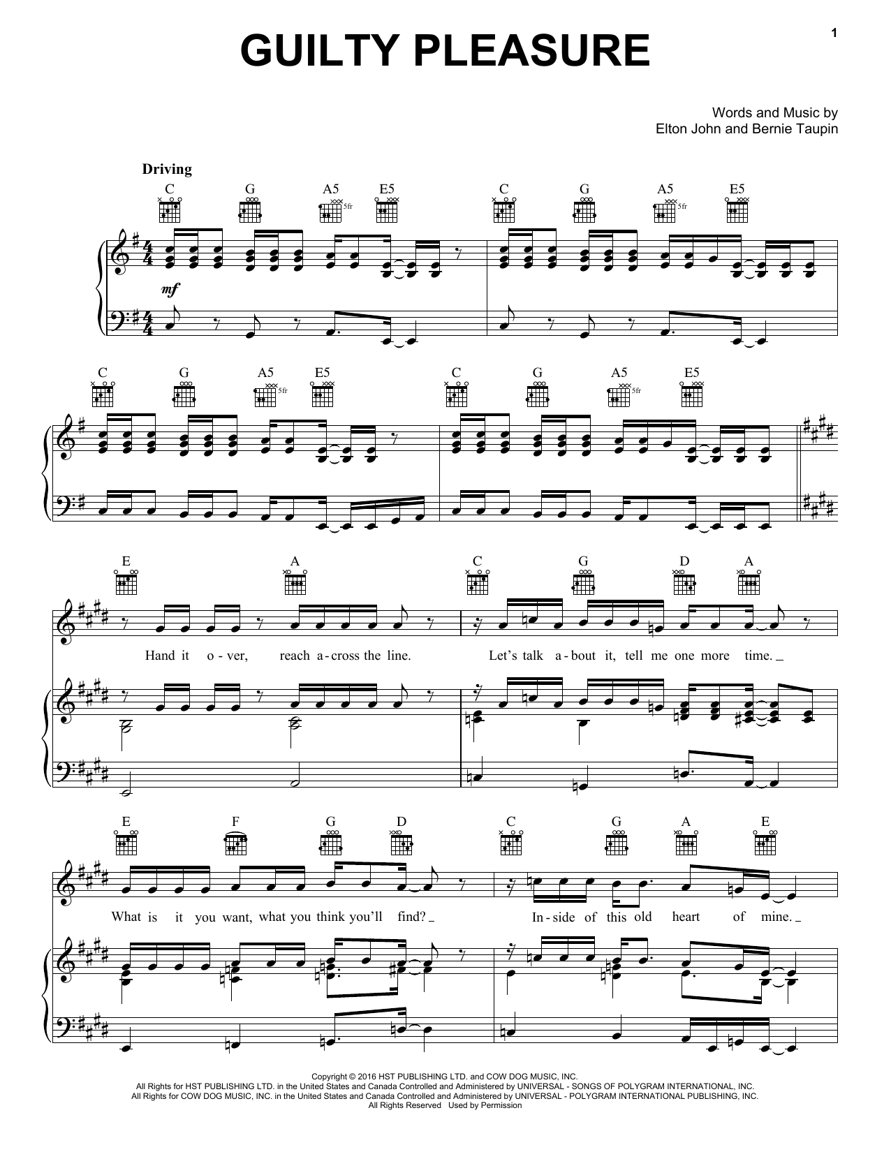 Elton John Guilty Pleasure sheet music notes and chords arranged for Piano, Vocal & Guitar Chords (Right-Hand Melody)