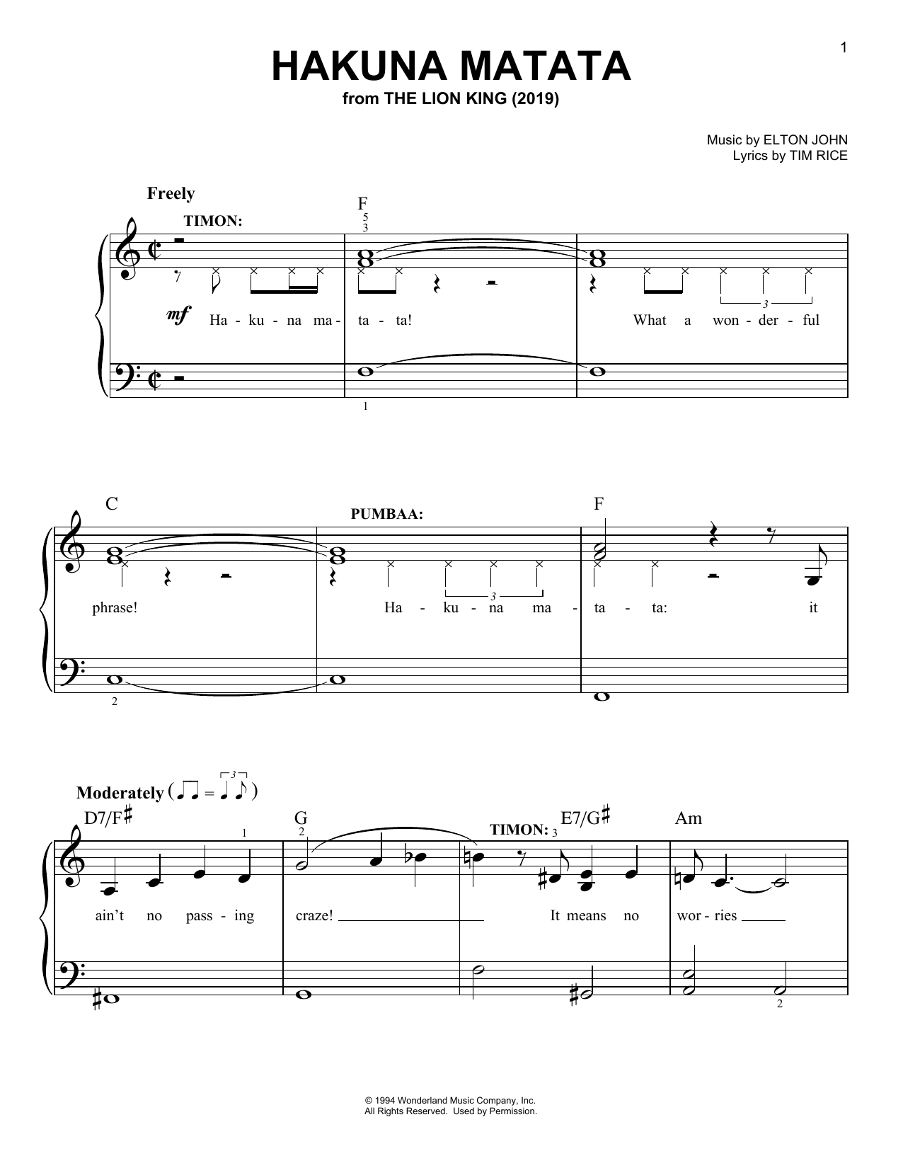 Elton John Hakuna Matata (from The Lion King 2019) sheet music notes and chords arranged for Easy Piano
