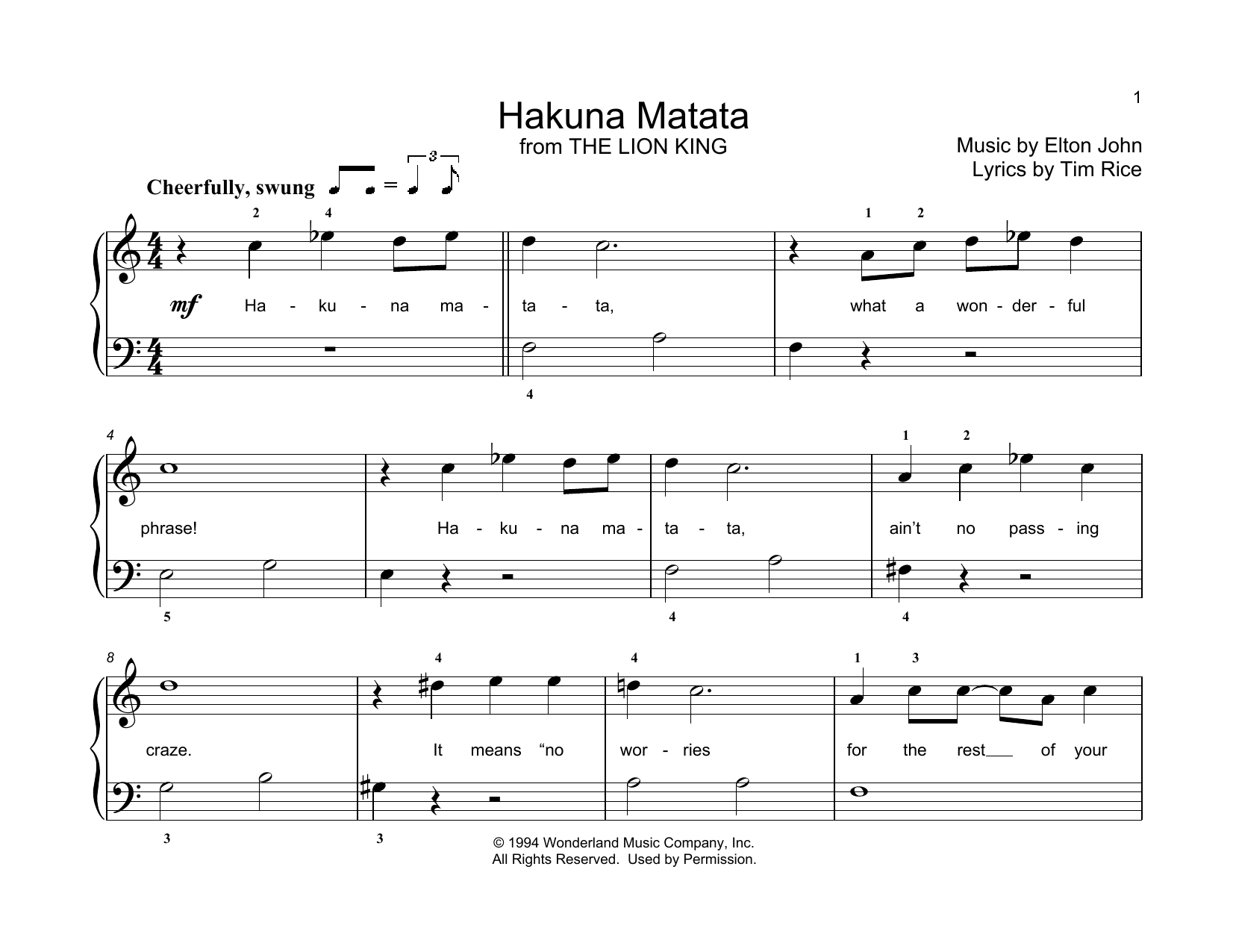 Elton John Hakuna Matata (from The Lion King) (arr. Christopher Hussey) sheet music notes and chords arranged for Educational Piano