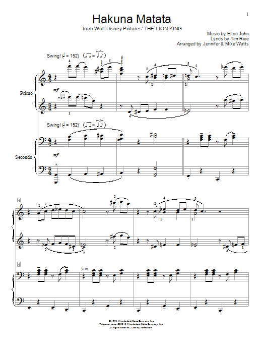 Elton John Hakuna Matata (from The Lion King) (arr. Jennifer and Mike Watts) sheet music notes and chords arranged for Piano Duet