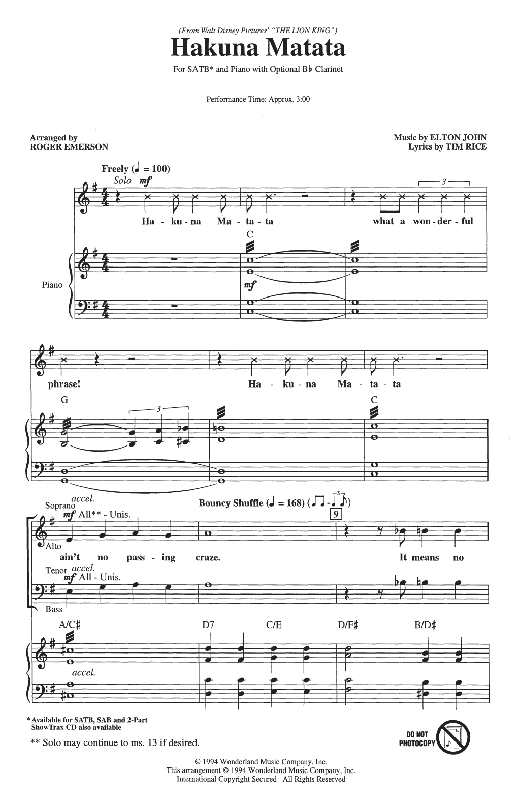 Elton John Hakuna Matata (from The Lion King) (arr. Roger Emerson) sheet music notes and chords arranged for 2-Part Choir