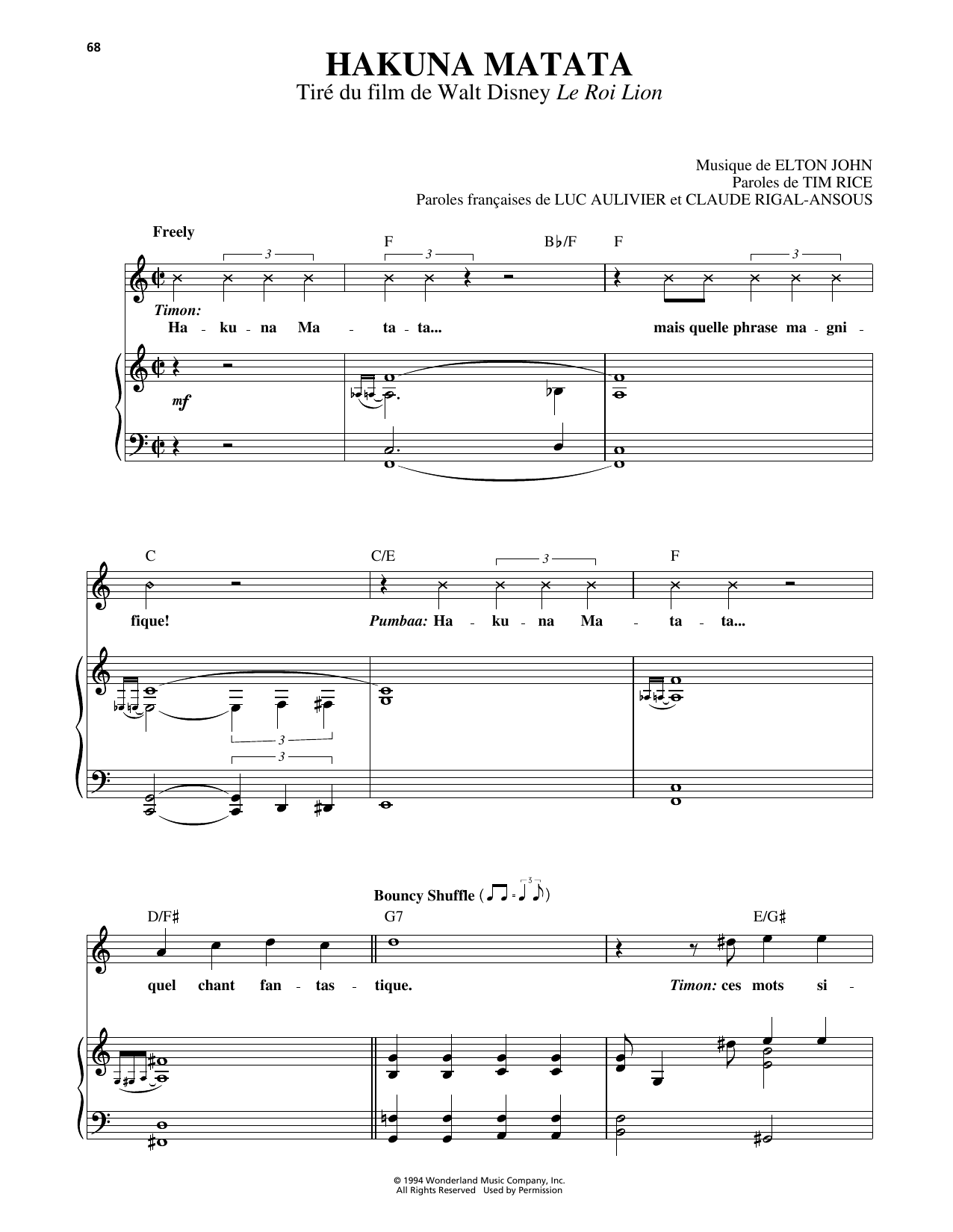 Elton John Hakuna Matata (from The Lion King) [French version] sheet music notes and chords arranged for Piano, Vocal & Guitar Chords (Right-Hand Melody)