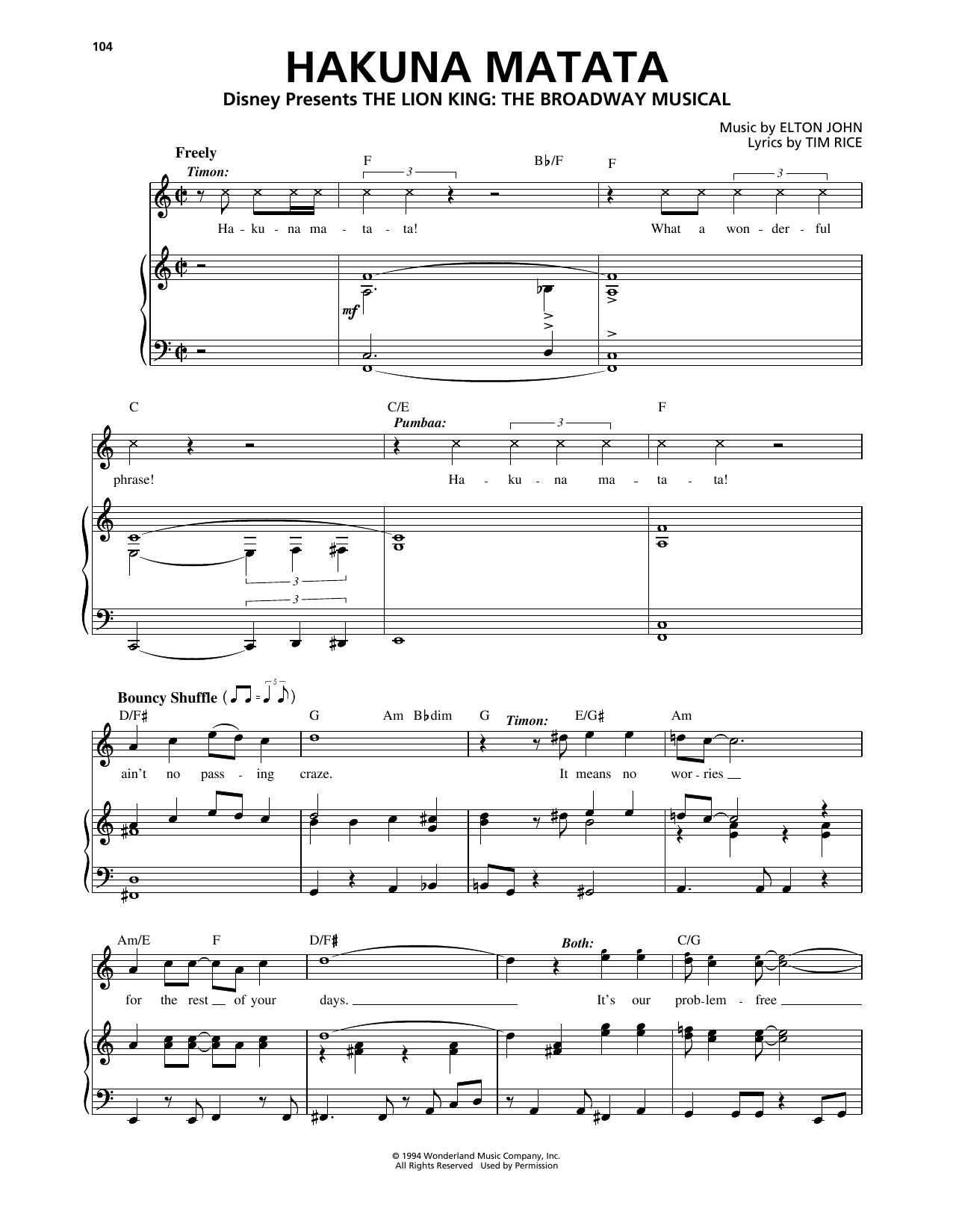 Elton John Hakuna Matata (from The Lion King: Broadway Musical) sheet music notes and chords arranged for Easy Piano