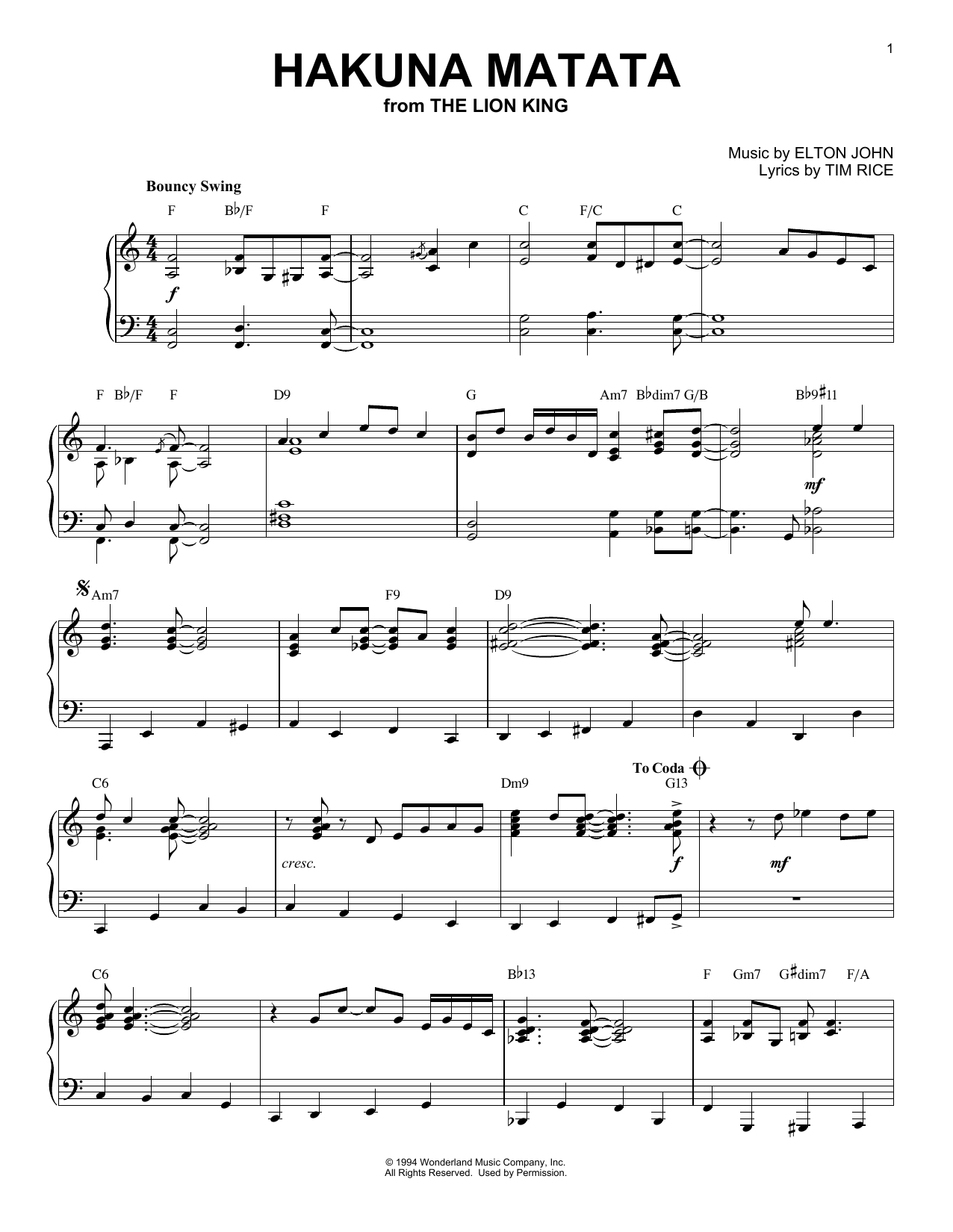 Elton John Hakuna Matata [Jazz version] (from The Lion King) sheet music notes and chords arranged for Piano Solo