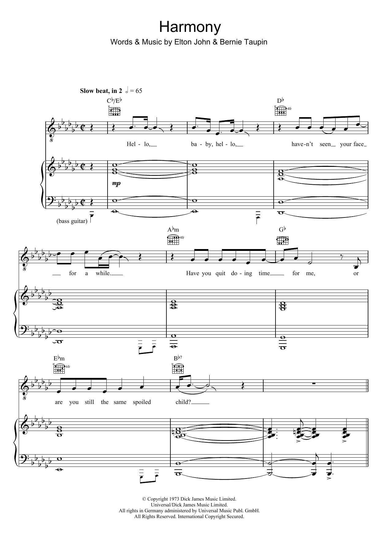 Elton John Harmony sheet music notes and chords arranged for Piano, Vocal & Guitar Chords