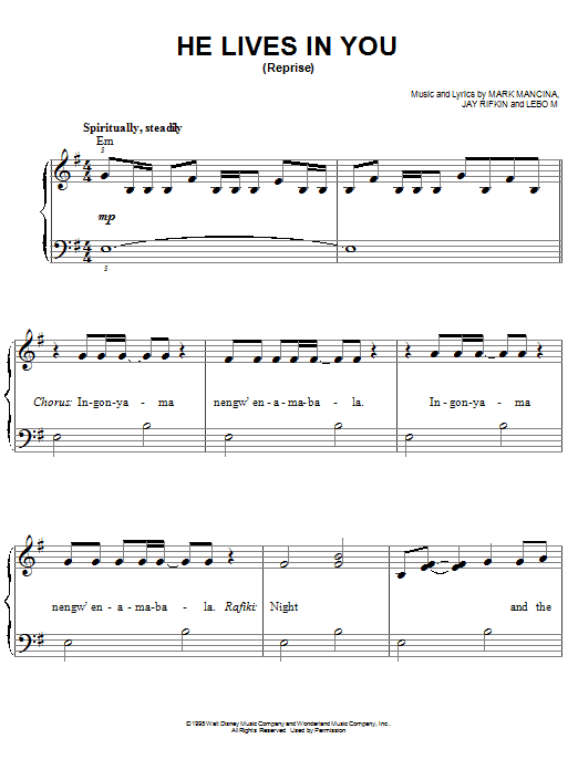 Elton John He Lives In You (Reprise) (from The Lion King: Broadway Musical) sheet music notes and chords arranged for Piano, Vocal & Guitar Chords (Right-Hand Melody)