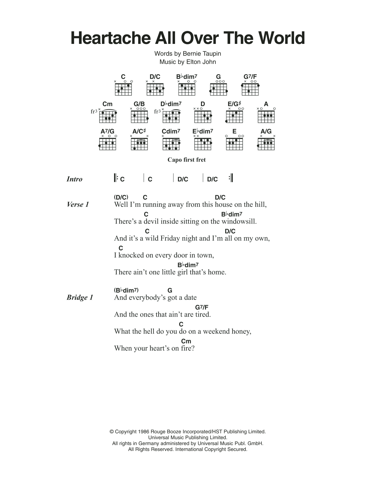 Elton John Heartaches All Over The World sheet music notes and chords arranged for Guitar Chords/Lyrics