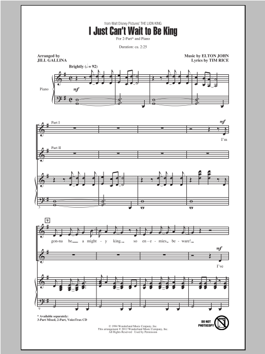 Elton John I Just Can't Wait To Be King (arr. Jill Galina) (from The Lion King) sheet music notes and chords arranged for 2-Part Choir