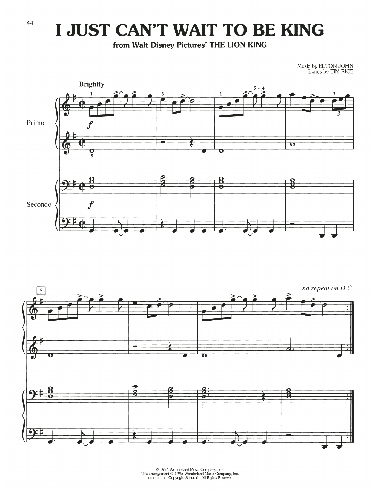 Elton John I Just Can't Wait To Be King (from Lion King) sheet music notes and chords arranged for Piano Duet