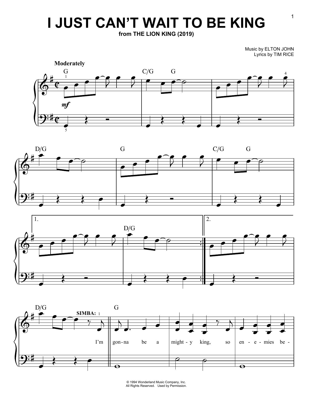Elton John I Just Can't Wait To Be King (from The Lion King 2019) sheet music notes and chords arranged for Easy Piano