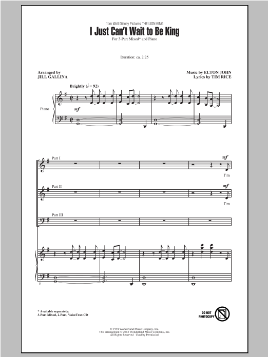 Elton John I Just Can't Wait To Be King (from The Lion King) (arr. Jill Gallina) sheet music notes and chords arranged for 3-Part Mixed Choir