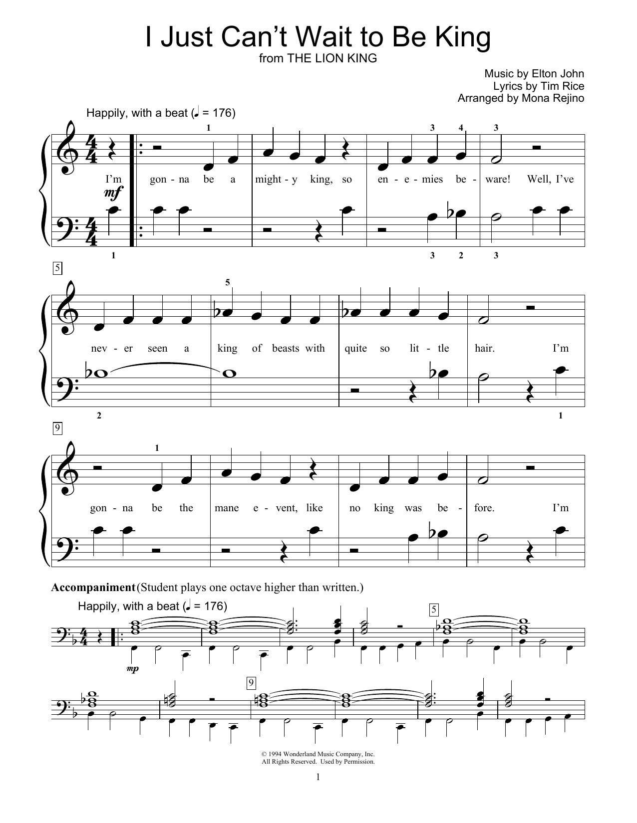 Elton John I Just Can't Wait To Be King (from The Lion King) (arr. Mona Rejino) sheet music notes and chords arranged for Educational Piano
