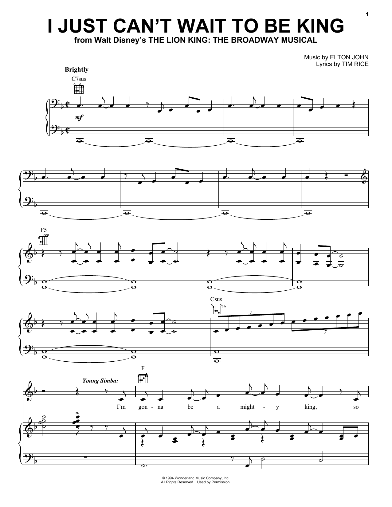 Elton John I Just Can't Wait To Be King (from The Lion King: Broadway Musical) sheet music notes and chords arranged for Piano, Vocal & Guitar Chords (Right-Hand Melody)