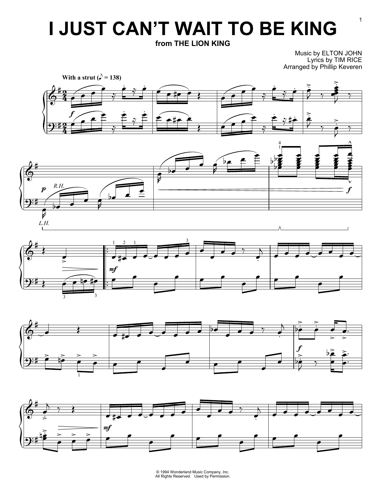 Elton John I Just Can't Wait To Be King [Ragtime version] (from The Lion King) (arr. Phillip Keveren) sheet music notes and chords arranged for Piano Solo