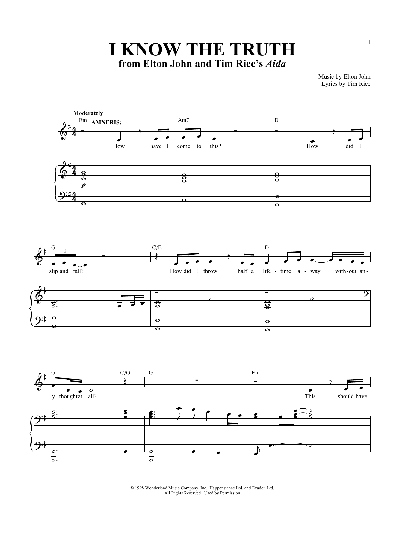 Elton John I Know The Truth sheet music notes and chords arranged for Piano & Vocal