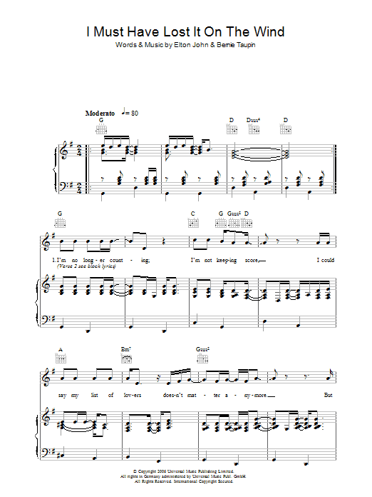 Elton John I Must Have Lost It On The Wind sheet music notes and chords arranged for Piano, Vocal & Guitar Chords