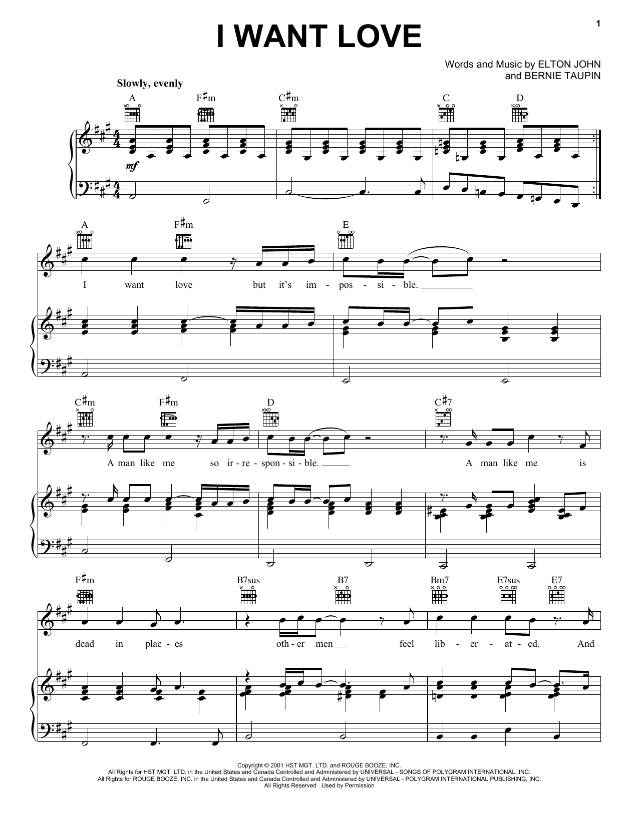 Elton John I Want Love sheet music notes and chords arranged for Piano Chords/Lyrics