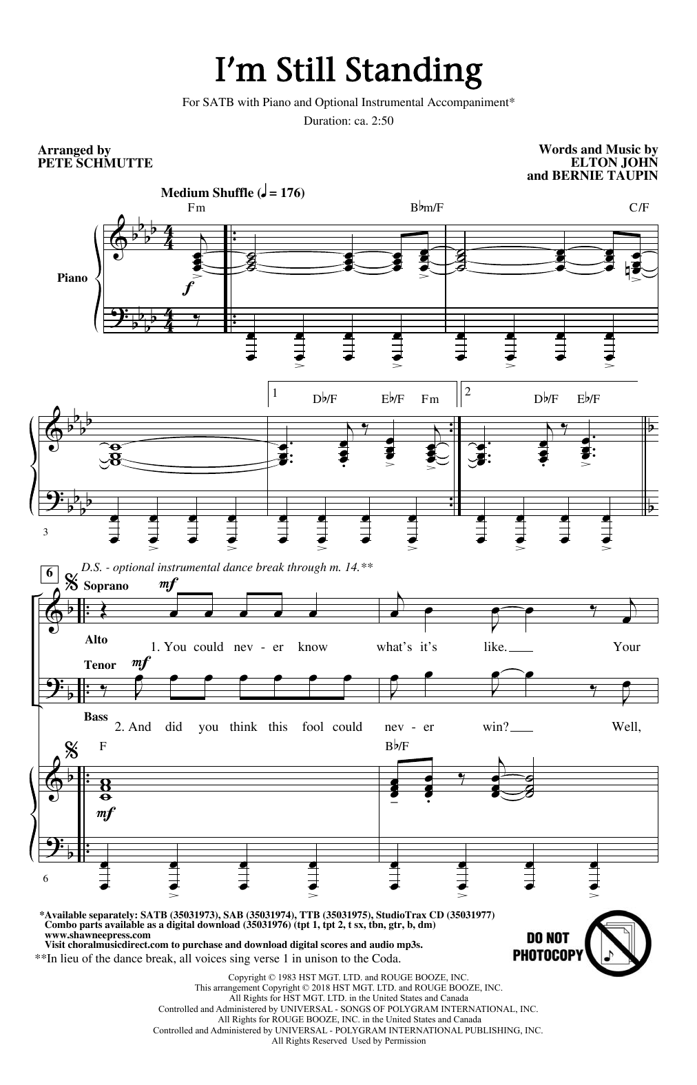 Elton John I'm Still Standing (arr. Pete Schmutte) sheet music notes and chords arranged for SATB Choir
