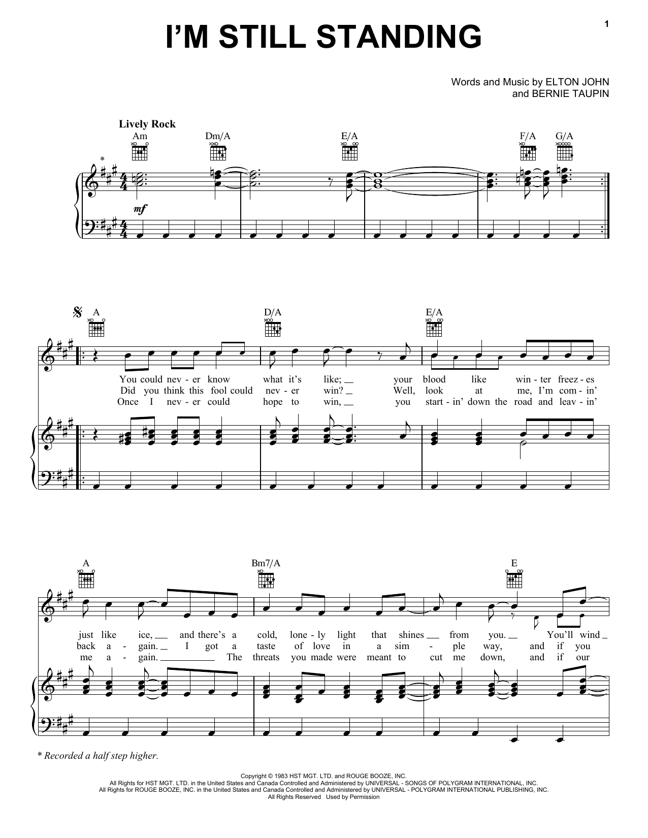 Elton John I'm Still Standing sheet music notes and chords arranged for Piano Chords/Lyrics