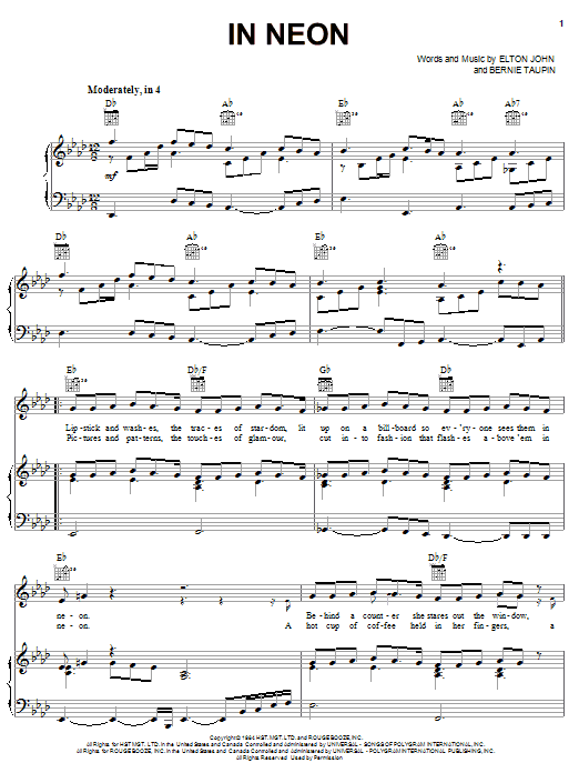Elton John In Neon sheet music notes and chords arranged for Piano, Vocal & Guitar Chords (Right-Hand Melody)