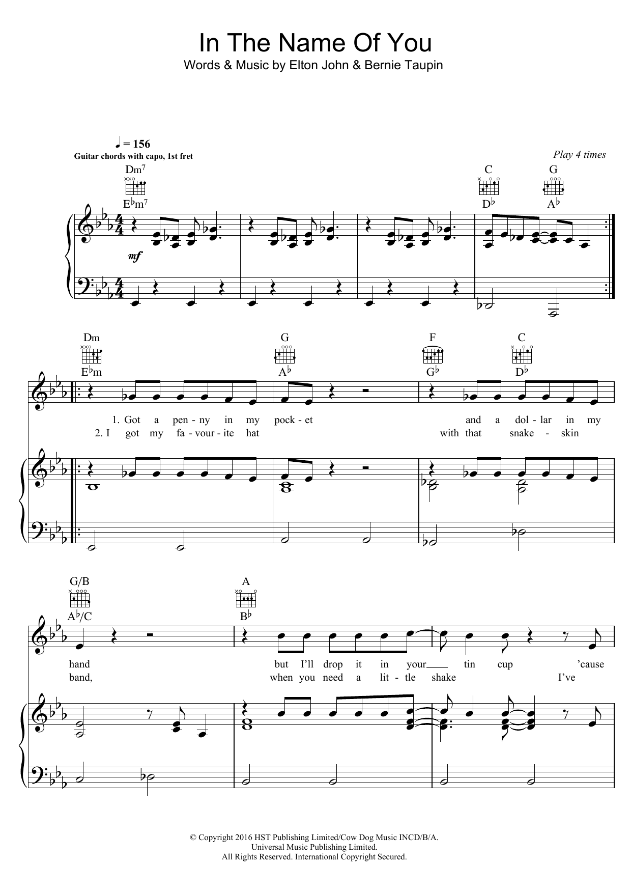 Elton John In The Name Of You sheet music notes and chords arranged for Piano, Vocal & Guitar Chords