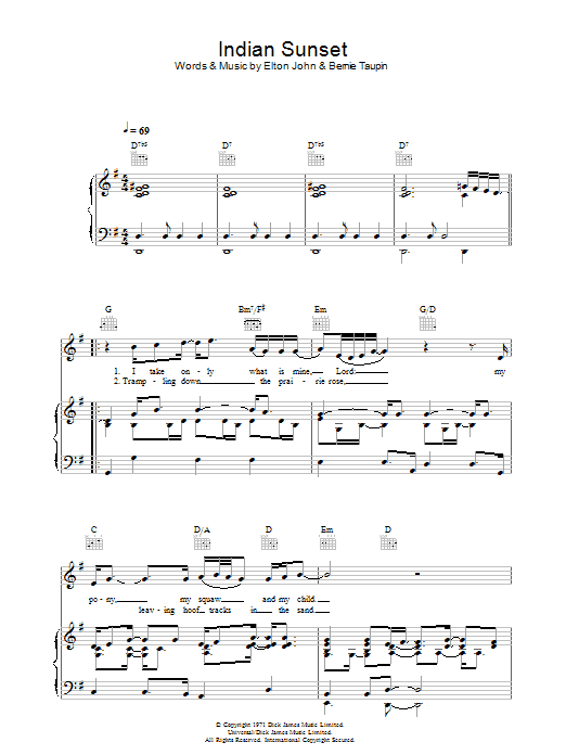 Elton John Indian Sunset sheet music notes and chords arranged for Guitar Chords/Lyrics