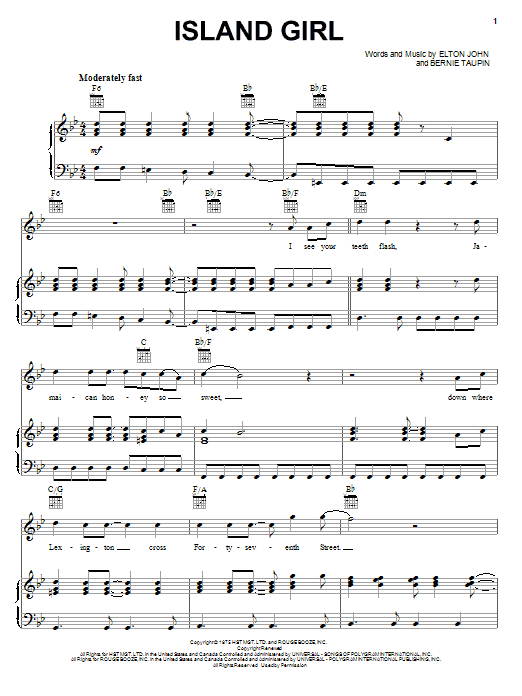 Elton John Island Girl sheet music notes and chords arranged for Piano Chords/Lyrics