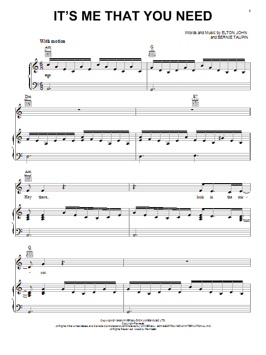 Elton John It's Me That You Need sheet music notes and chords arranged for Piano, Vocal & Guitar Chords (Right-Hand Melody)