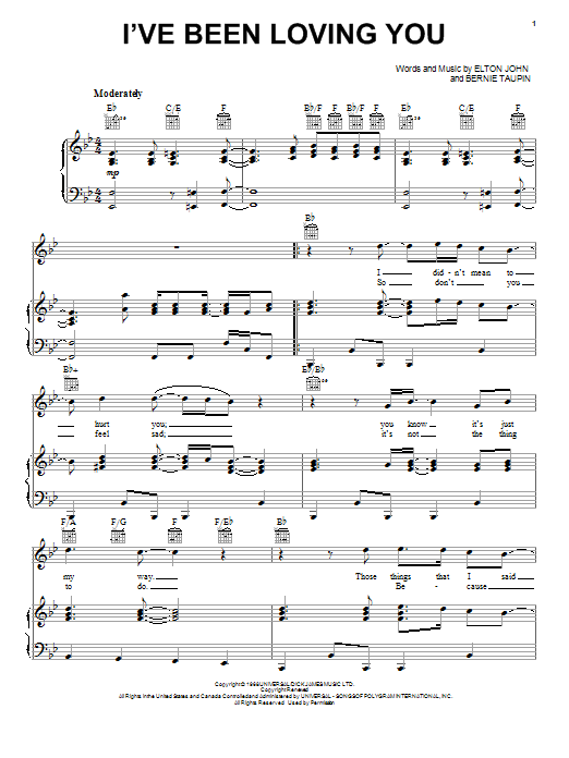Elton John I've Been Loving You sheet music notes and chords arranged for Piano, Vocal & Guitar Chords (Right-Hand Melody)