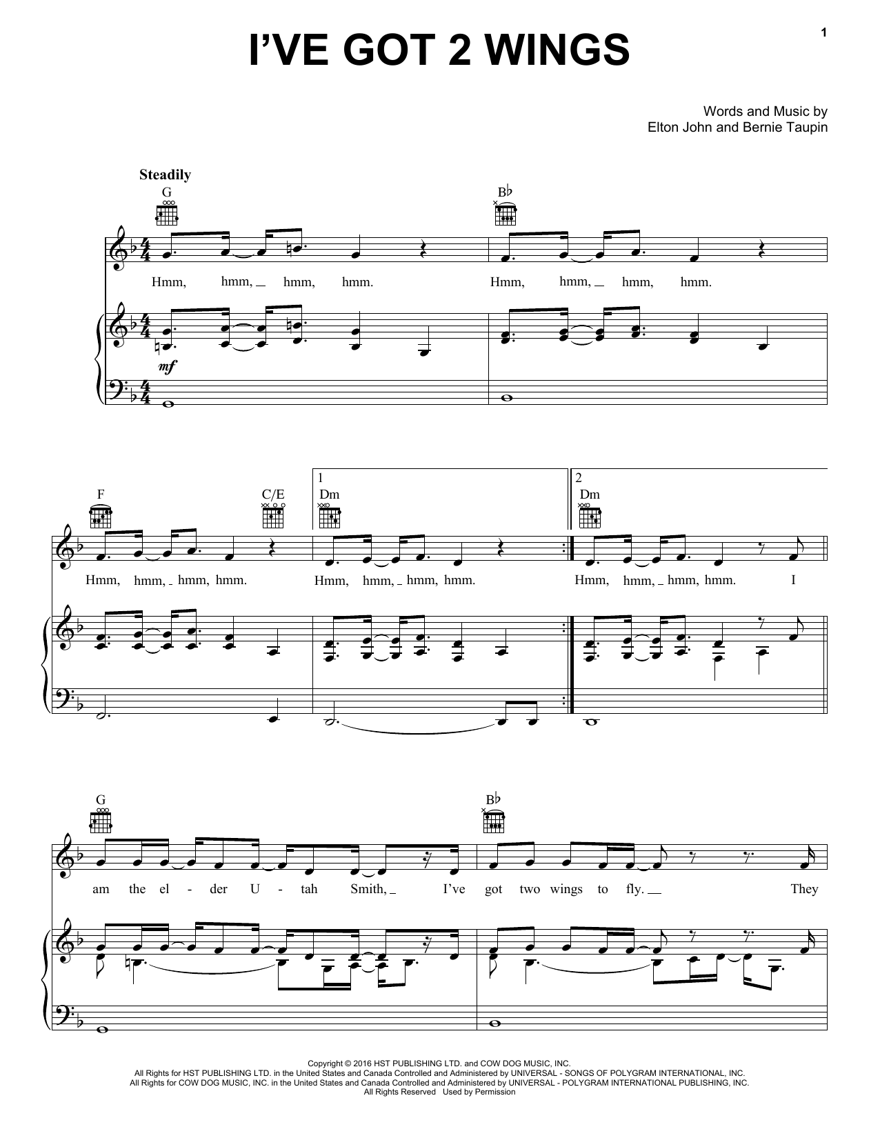 Elton John I've Got 2 Wings sheet music notes and chords arranged for Piano, Vocal & Guitar Chords (Right-Hand Melody)