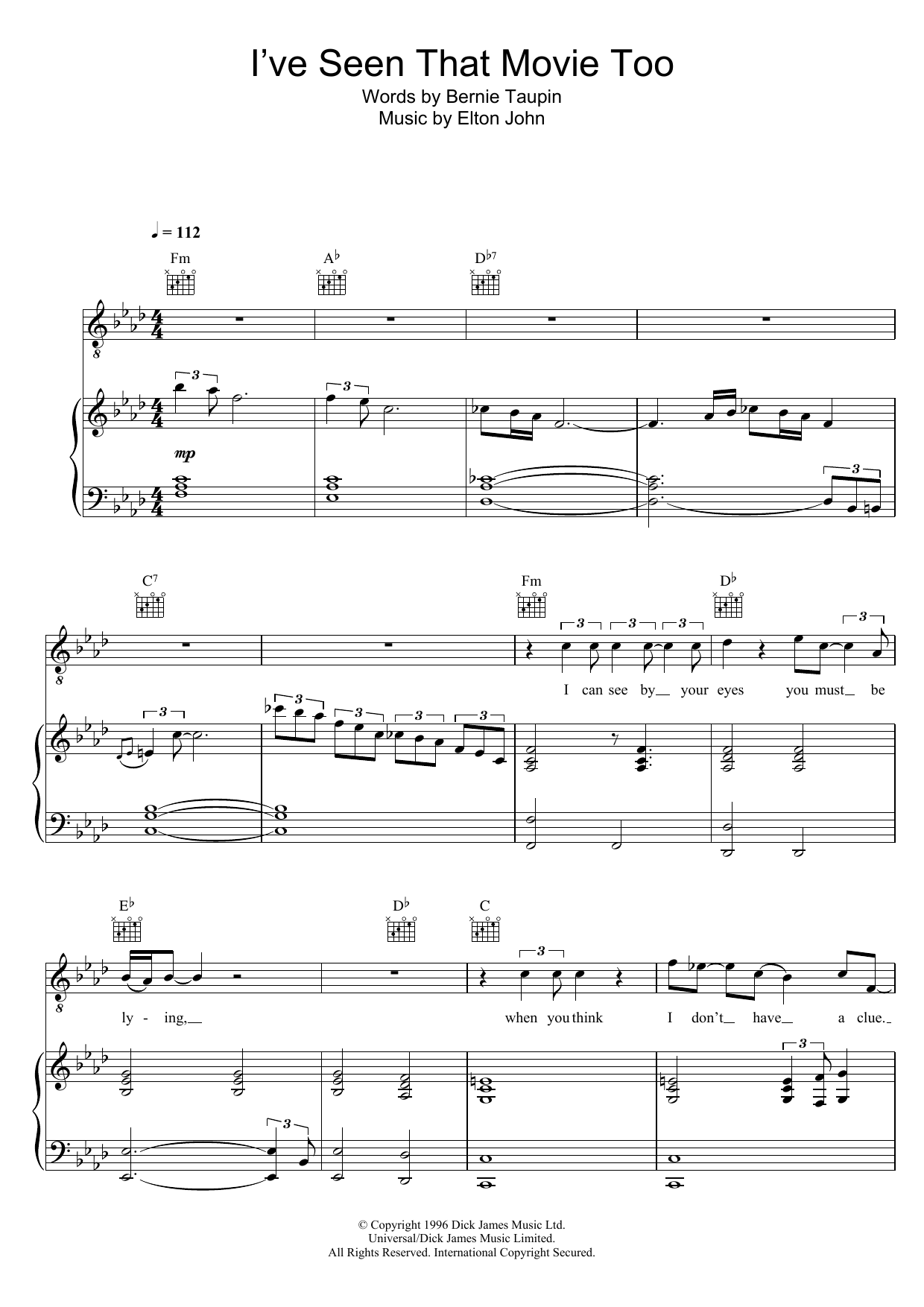 Elton John I've Seen That Movie Too sheet music notes and chords arranged for Piano, Vocal & Guitar Chords