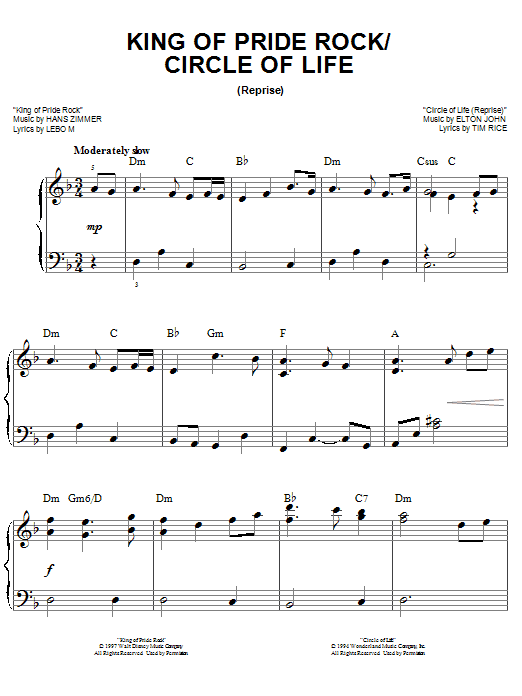 Elton John King Of Pride Rock (from The Lion King: Broadway Musical) sheet music notes and chords arranged for Piano, Vocal & Guitar Chords (Right-Hand Melody)