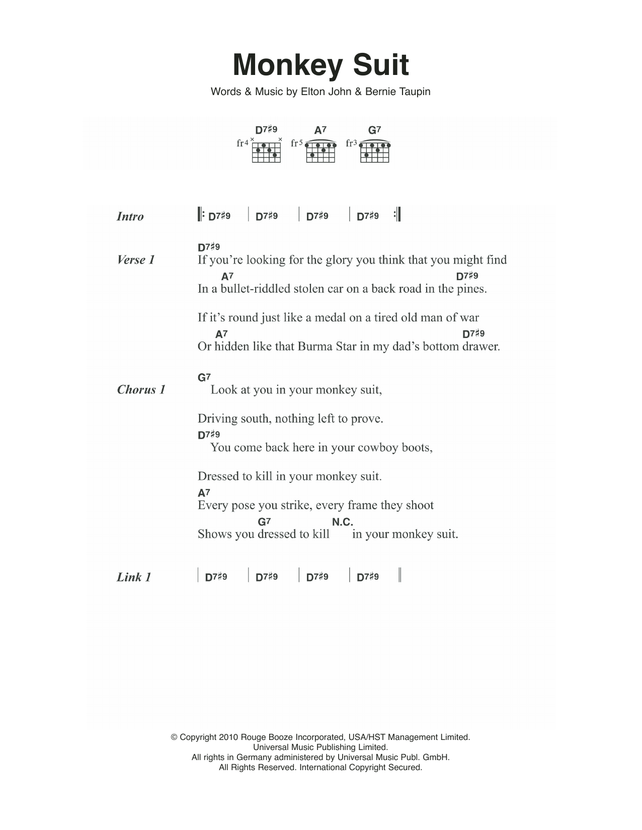 Elton John Monkey Suit sheet music notes and chords arranged for Guitar Chords/Lyrics