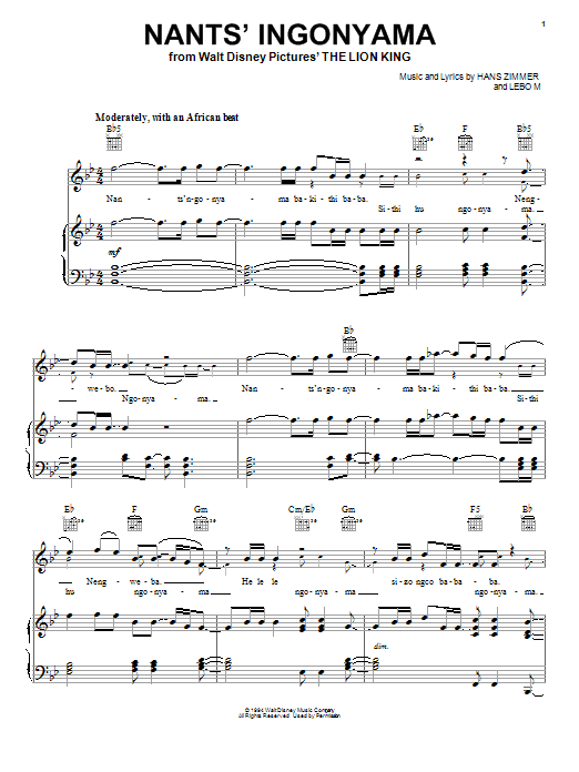 Elton John Nants' Ingonyama sheet music notes and chords arranged for Piano, Vocal & Guitar Chords (Right-Hand Melody)