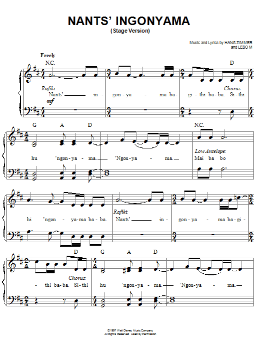 Elton John Nants' Ingonyama (Stage Version) (from The Lion King: Broadway Musical) sheet music notes and chords arranged for Piano, Vocal & Guitar Chords (Right-Hand Melody)