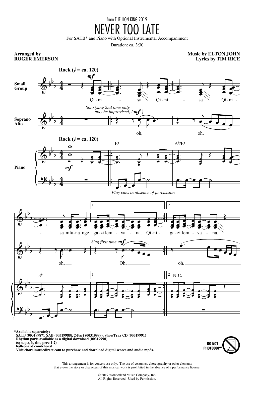 Elton John Never Too Late (from The Lion King 2019) (arr. Roger Emerson) sheet music notes and chords arranged for 2-Part Choir