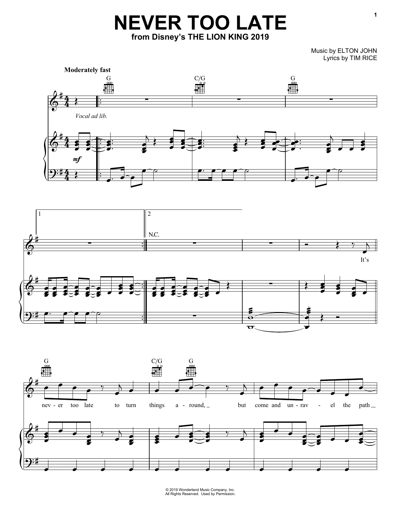 Elton John Never Too Late (from The Lion King 2019) sheet music notes and chords arranged for Clarinet Duet