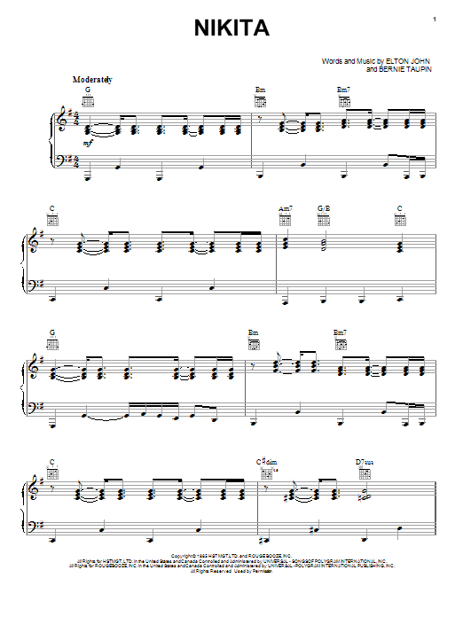 Elton John Nikita sheet music notes and chords arranged for Super Easy Piano