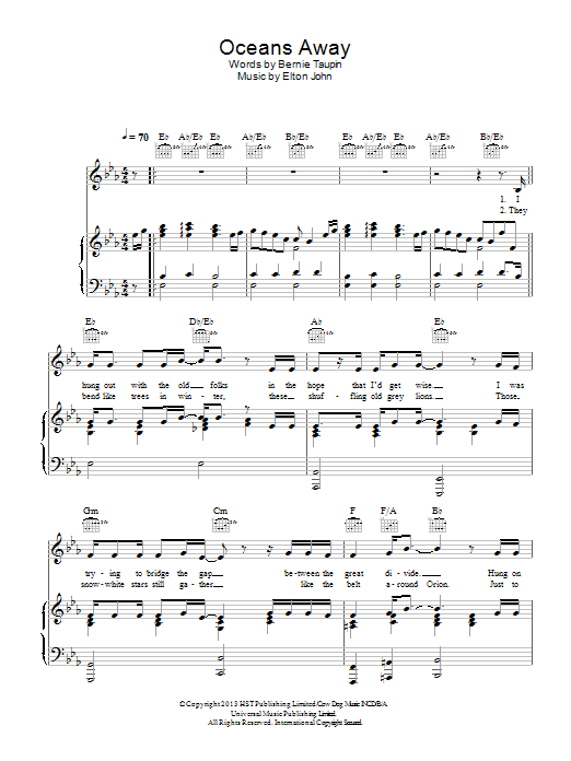 Elton John Oceans Away sheet music notes and chords arranged for Piano, Vocal & Guitar Chords