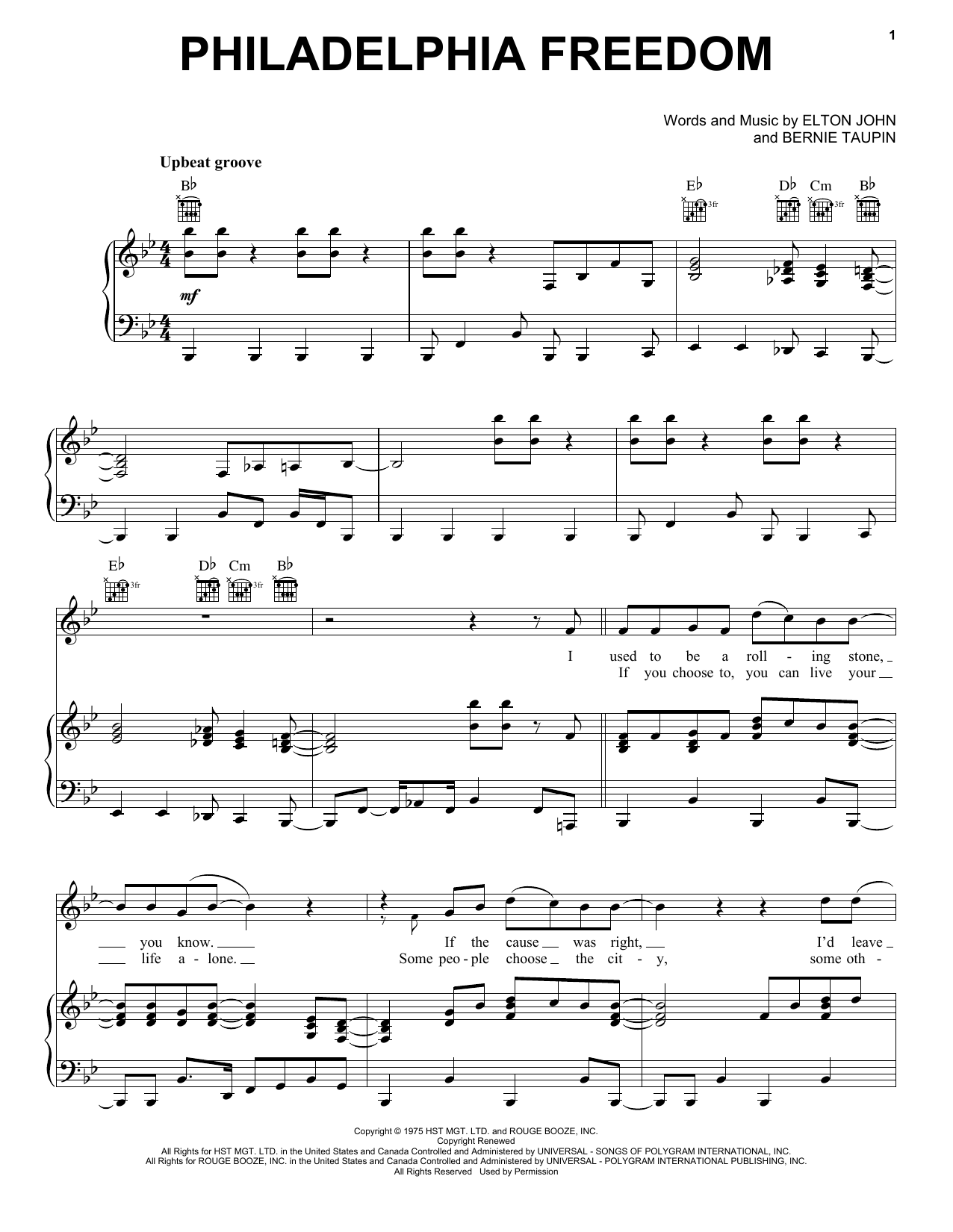 Elton John Philadelphia Freedom sheet music notes and chords arranged for Piano, Vocal & Guitar Chords